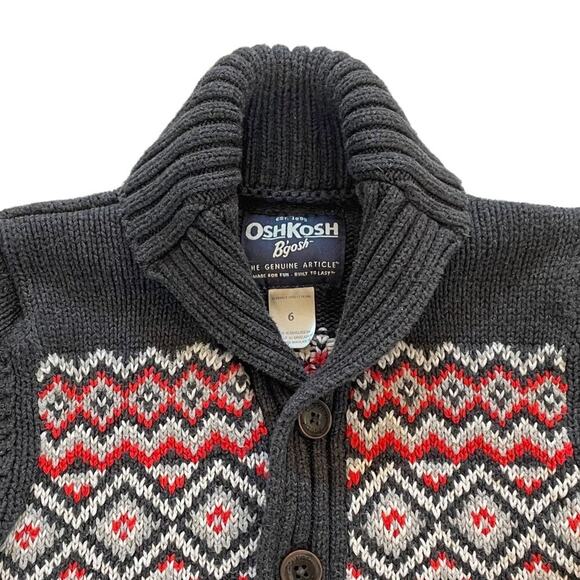 OshKosh B'gosh Classic Cotton Fair Isle Gray Button Down Shawl Collar Cardigan 6 - Picture 2 of 6